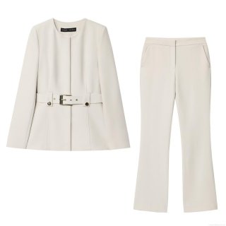 Women's Professional Suit Set Round Neck Blazer With Metal Buckle Belt And High Waist Flared Pants Two Piece Office Lady Business Outfits Elegant Solid Color Slim Fit Separates