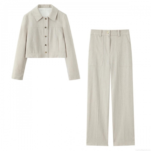 Women Two Piece Pants Set Cotton Linen Texture Herringbone Crop Jacket and High Waist Wide Leg Straight Trousers Elegant Casual Streetwear Outfit Suit