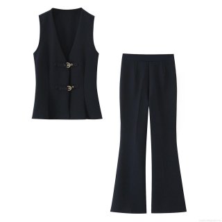 Women Fashion Two Piece Set Sleeveless V Neck Vest With Crescent Buckle High Waist Flare Pants Streetwear Solid Color Autumn Suit