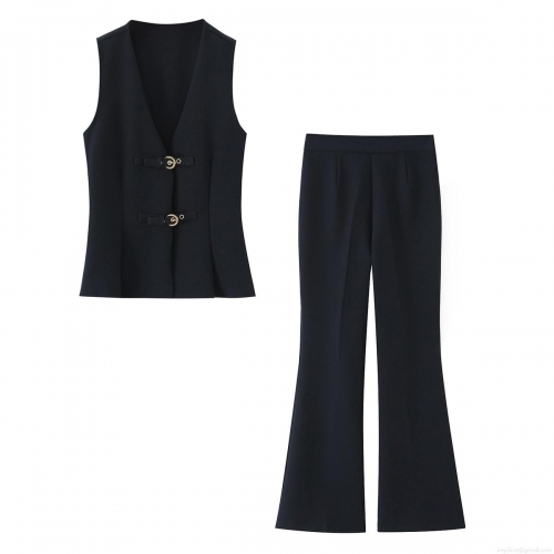 Women Fashion Two Piece Set Sleeveless V Neck Vest With Crescent Buckle High Waist Flare Pants Streetwear Solid Color Autumn Suit
