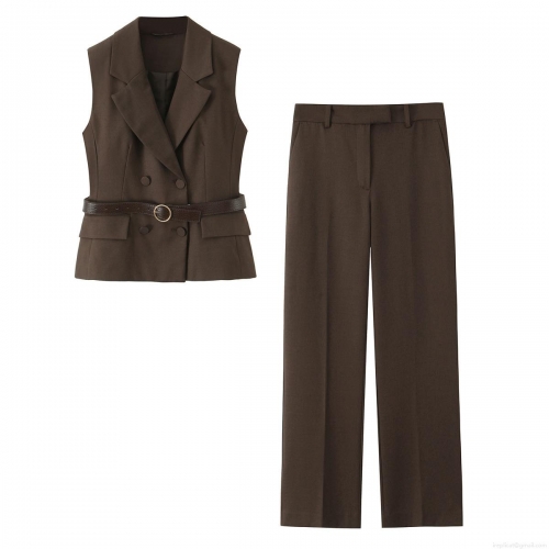 Women's 2 Piece Suit Set Double Breasted Vest With Belt And High Waist Straight Leg Pants Autumn Fashion Casual Woven Polyester Trousers Outfit
