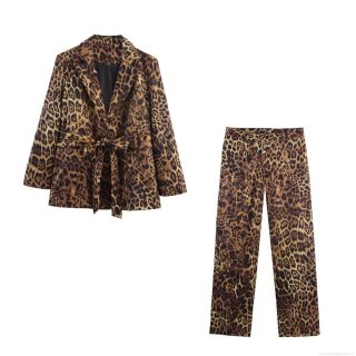 Women's Fashion Leopard Print Blazer Pants Set Autumn Elegant Long Sleeve Lapel Suit Jacket With Waist Belt And Straight Trousers Two Piece Outfits Animal Pattern Office Lady Sets