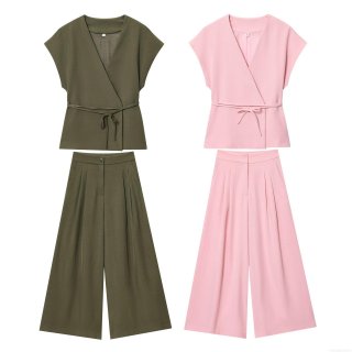 Women's 2 Piece Outfits V Neck Wrap Tie Waist Sleeveless Top And High Waist Wide Leg Pants Solid Color Casual Streetwear Suits