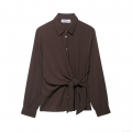 Women's Two Piece Pants Set Long Sleeve Tie Front Crepe Shirt and High Waist Wide Leg Trousers Casual Solid Color Autumn Outfits