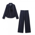 Women's Denim Casual Suit Bow Tie Long Sleeve Shirt and Wide Leg Pants Two Piece Set with Belt Dark Blue Fashion Streetwear Outfit for Women