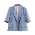 Women's Blazer Jacket And Pants Set Casual Short Sleeve Notch Lapel Top High Waist Wide Leg Trousers Two Piece Outfits Light Blue Streetwear