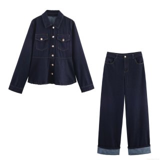 Women Casual Deep Blue Denim Jacket Pants Set Puff Sleeve Ruffle Hem Contrast Stitching Cotton Blend Two Piece Jeans Outfit Streetwear