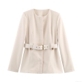 Women's Autumn Fashion Slim Fit Pants Set Solid Color Long Sleeve Crew Neck Blazer Jacket With Belt And High Waist Flared Pants For Office Career Casual Streetwear