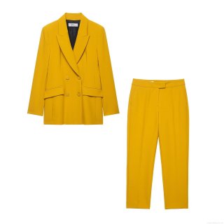 Women's 2 Piece Blazer Suit Set Double Breasted Shoulder Padded Jacket With Straight Leg Pants Professional Office Lady Solid Color Outfit