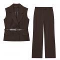 Women's Business Casual Two-Piece Set Double Breasted Sleeveless Vest With Croco Pattern Belt And High Waist Wide Leg Straight Pants Office Outfits Early Autumn Fashion Dark Brown