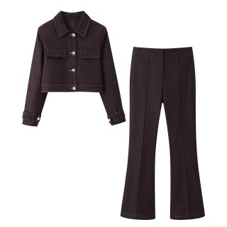 Women's Casual Two Piece Set Contrast Stitching Denim Texture Short Jacket and High Waist Flare Pants Streetwear Outfit Suits