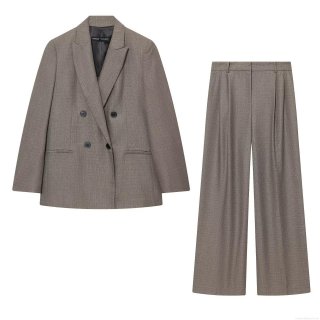 Women's Double-Breasted Polyester Suit Set Blazer and Wide-Leg Trousers Two-Piece Office Outfit Fall Winter Brownish-Grey Melange Shoulder Pads