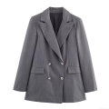 Women's Grey Polyester Double Breasted Blazer And Long Pants Set With Black Belt Professional Office Lady Business Casual 2 Piece Outfit