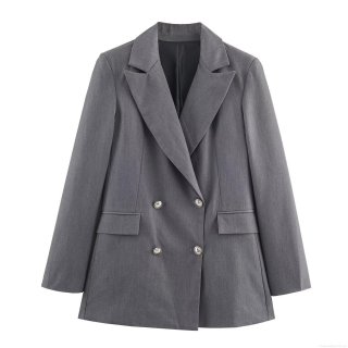 Women's Grey Polyester Double Breasted Blazer And Long Pants Set With Black Belt Professional Office Lady Business Casual 2 Piece Outfit