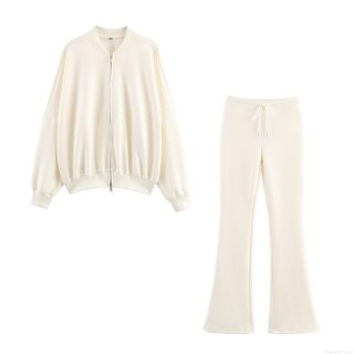 Women's Casual Cotton Blend 2 Piece Outfits Solid Color Zip Up Bomber Jacket And High Waist Drawstring Flare Pants Tracksuit Set