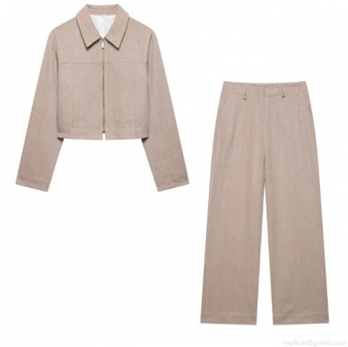 Women's Two-Piece Set Oatmeal Herringbone Textured Cropped Zipper Jacket High Waist Wide Leg Pants Minimalist Streetwear Casual Fashion Outfits