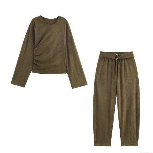 Women's Faux Suede Two Piece Outfits Long Sleeve Pleated Top and Balloon Pants with D-Ring Belt Olive Green Casual Streetwear Autumn Set