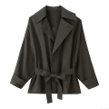 Women's Casual Two Piece Set Polyester Solid Color Short Belted Trench Jacket And High Waisted Pleated Wide Leg Pants Set For Fall