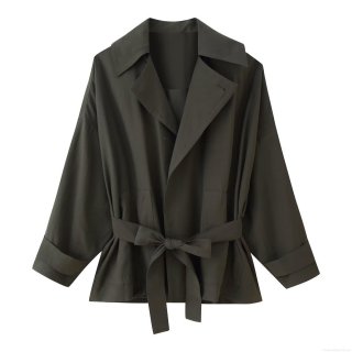 Women's Casual Two Piece Set Polyester Solid Color Short Belted Trench Jacket And High Waisted Pleated Wide Leg Pants Set For Fall