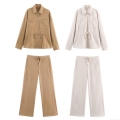 Women's 2 Piece Outfits Polyester Twill Brushed Lapel Zip Up Jacket and Wide Leg Pants Set Casual Utility Adjustable Waist Streetwear Tracksuits For Women