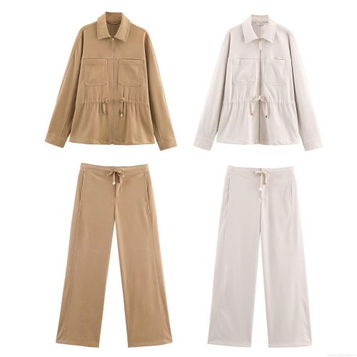 Women's 2 Piece Outfits Polyester Twill Brushed Lapel Zip Up Jacket and Wide Leg Pants Set Casual Utility Adjustable Waist Streetwear Tracksuits For Women