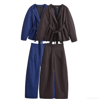 Women's Casual Polyester Blazer Top And High Waisted Wide Leg Pants Two Piece Set Tie Waist Kimono Style Long Sleeve Streetwear Suit For Lady