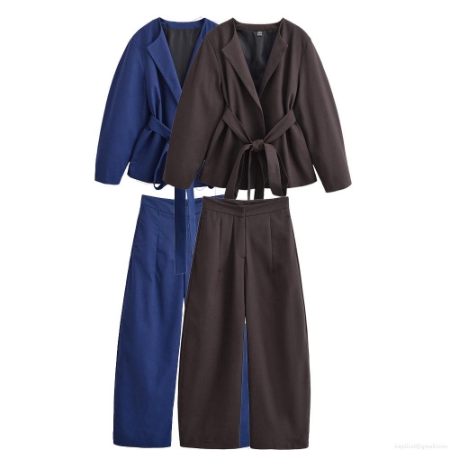 Women's Casual Polyester Blazer Top And High Waisted Wide Leg Pants Two Piece Set Tie Waist Kimono Style Long Sleeve Streetwear Suit For Lady