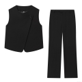 Women's Chic 2 Piece Pants Set Elegant Asymmetric Button Sleeveless Vest Top And High Waist Straight Leg Long Trousers Suit For Office Career Streetwear Solid Black