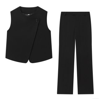 Women's Chic 2 Piece Pants Set Elegant Asymmetric Button Sleeveless Vest Top And High Waist Straight Leg Long Trousers Suit For Office Career Streetwear Solid Black