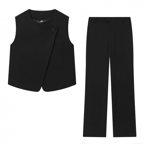 Women's Chic 2 Piece Pants Set Elegant Asymmetric Button Sleeveless Vest Top And High Waist Straight Leg Long Trousers Suit For Office Career Streetwear Solid Black