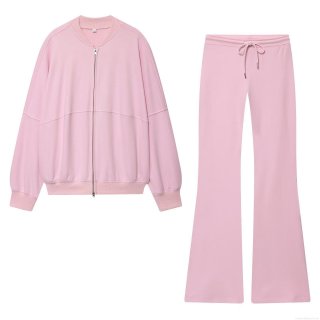 Women's Casual Two Piece Set Solid Color Zipper Stand Collar Bomber Jacket And Drawstring High Waist Flared Long Pants Outfit Tracksuit For Autumn