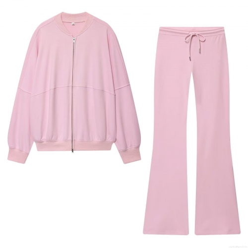 Women's Casual Two Piece Set Solid Color Zipper Stand Collar Bomber Jacket And Drawstring High Waist Flared Long Pants Outfit Tracksuit For Autumn