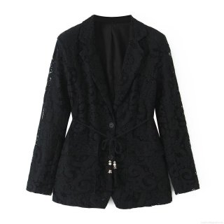 Women Sexy Black Floral Lace Blazer and Wide Leg Pants Two Piece Set with Handwoven Belt Elegant Hollow Out Streetwear Outfits for Women