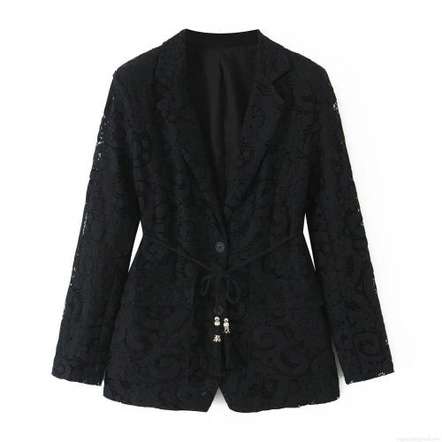 Women Sexy Black Floral Lace Blazer and Wide Leg Pants Two Piece Set with Handwoven Belt Elegant Hollow Out Streetwear Outfits for Women