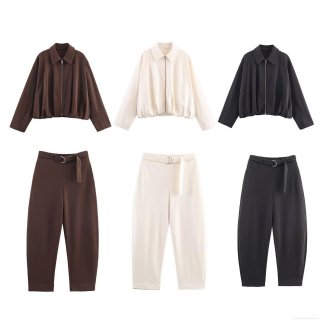 Women's Velvet Bomber Jacket and High Waist Trousers Two Piece Set With Belt Casual Solid Color Zipper Lapel Outfits Streetwear For Women Autumn
