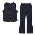 Women's Fashion V Neck Vest and High Waist Flare Pants Two Piece Set with Gold Buckle Decor Solid Color Polyester Blend Suits for Office Lady Streetwear
