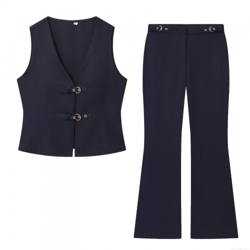 Women's Fashion V Neck Vest and High Waist Flare Pants Two Piece Set with Gold Buckle Decor Solid Color Polyester Blend Suits for Office Lady Streetwear