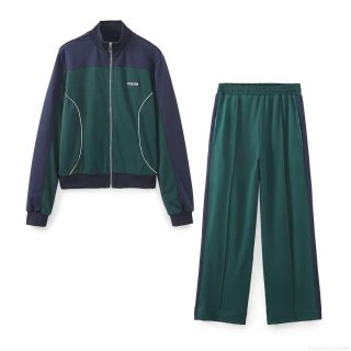 Women's 2 Piece Tracksuit Set Polyester Color Block Zipper Stand Collar Jacket and High Waist Wide Leg Pants Casual Streetwear Sports Sweatsuit Outfit