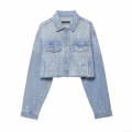 Women's Light Blue Rhinestone Distressed Denim Jacket and High Waist Straight Pants Two Piece Set Streetwear Cotton Blend Ripped Frayed Denim Suit