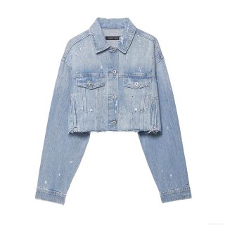 Women's Light Blue Rhinestone Distressed Denim Jacket and High Waist Straight Pants Two Piece Set Streetwear Cotton Blend Ripped Frayed Denim Suit