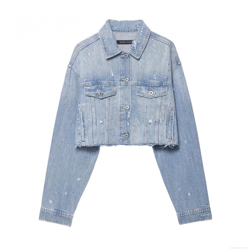 Women's Light Blue Rhinestone Distressed Denim Jacket and High Waist Straight Pants Two Piece Set Streetwear Cotton Blend Ripped Frayed Denim Suit