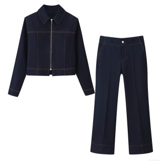 Women's 2 Piece Casual Pants Set Contrast Stitching Short Jacket And Straight Leg Trousers Denim Style Autumn Fashion Streetwear Outfit For Women