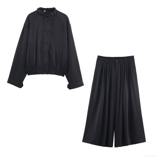 Women's Two Piece Pants Set Casual Solid Color Stand Collar Button Jacket And High Waist Pleated Wide Leg Trousers Autumn Fashion Loose Long Sleeve Outfits