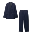 Women's Navy Blue Business Casual Blazer Jacket And Straight Leg Pants Polyester Double Breasted V Neck Office Lady Workwear Outfits Autumn Streetwear Sets
