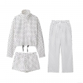 Women Fashion Polka Dot 3 Piece Set Long Sleeve Stand Collar Drawstring Jacket Casual Shorts And Wide Leg Long Pants Streetwear Outfit