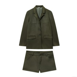 Women's Vintage Suede 2 Piece Set Pocket Jacket and High Waist Shorts Solid Color Streetwear Casual Outfit For Women