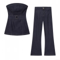 Women's Sexy Denim Two Piece Set Dark Blue Strapless Tube Top With Belt And High Waist Flare Jeans Contrast Stitching Street Casual Outfits
