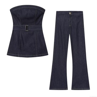Women's Sexy Denim Two Piece Set Dark Blue Strapless Tube Top With Belt And High Waist Flare Jeans Contrast Stitching Street Casual Outfits