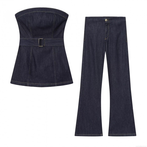 Women's Sexy Denim Two Piece Set Dark Blue Strapless Tube Top With Belt And High Waist Flare Jeans Contrast Stitching Street Casual Outfits