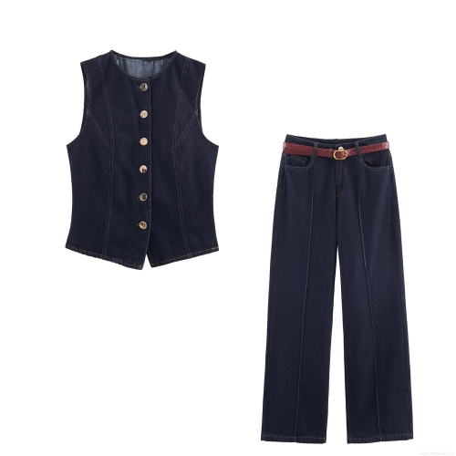 Women's Denim Two Piece Set Single Breasted Sleeveless Vest And High Waist Wide Leg Jeans Streetwear Casual Blue Denim Outfit With Belt